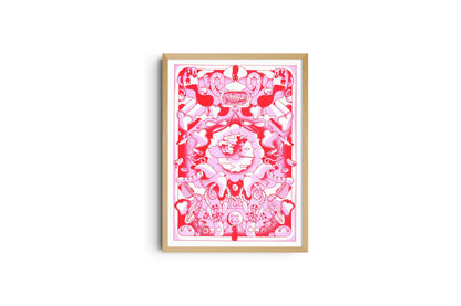 Poster Kiki the Little Witch incorniciato in legno chiaro, motivo simmetrico rosa e rosso