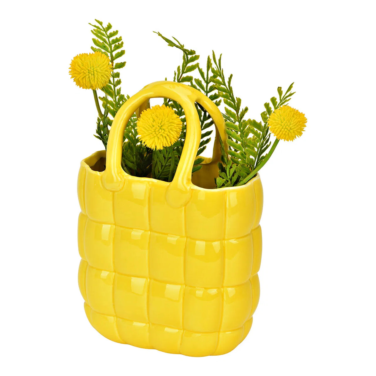 The Borsa vase with yellow pom-pom flowers and green sprigs rising from inside.