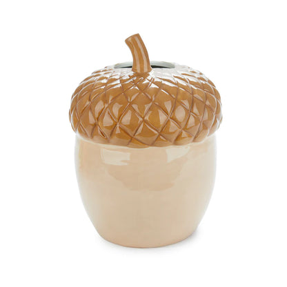 Acorn vase in beige with its cap-shaped lid and stem, on a white background.