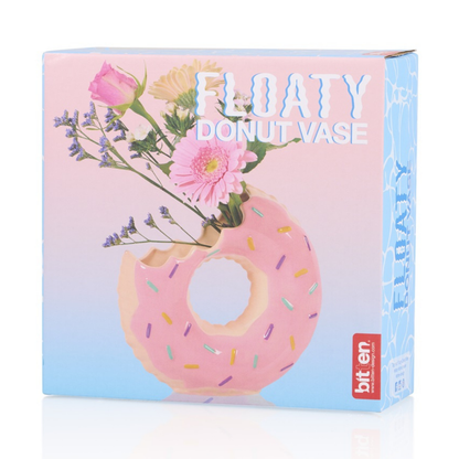 Doughnut vase in its blue and pink box, printed "donut vase".