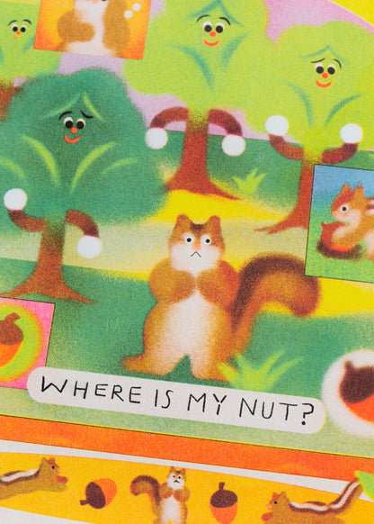 The Little Gardener poster, close-up on the words «Where is my nut?» among smiling trees