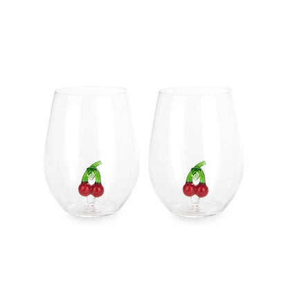 Two stemless glass tumblers with a cherry detail at the base