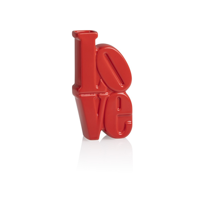 Love vase in red, empty, on a white background, three-quarter view.