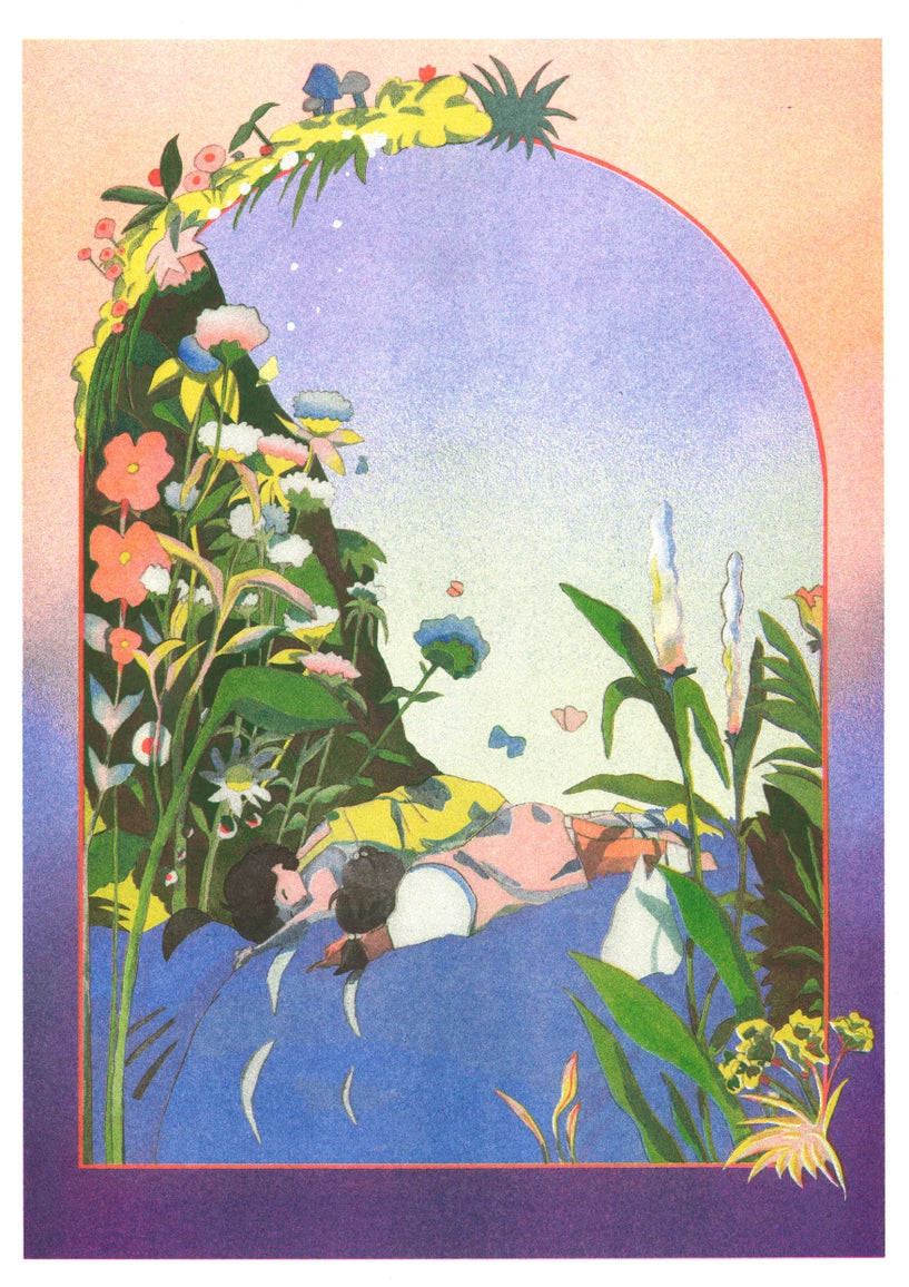 Poster Sogno Totoro: stesso poster senza cornice, con i fiori rosa e le foglie verdi dell'arco