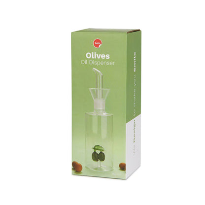 The olive oil dispenser shown in its light green box
