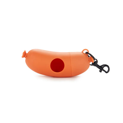 Hot Dog poop bag holder seen from the side, showing the opening for the roll of bags.