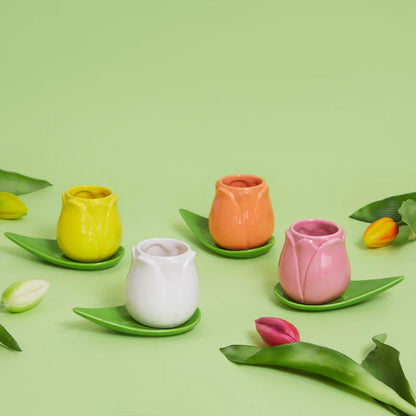 Tulip Multicolore cup set surrounded by real tulips on a green background