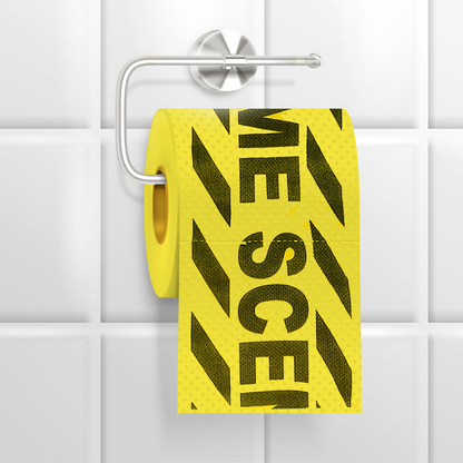 Yellow and black striped toilet paper roll, hanging in the bathroom