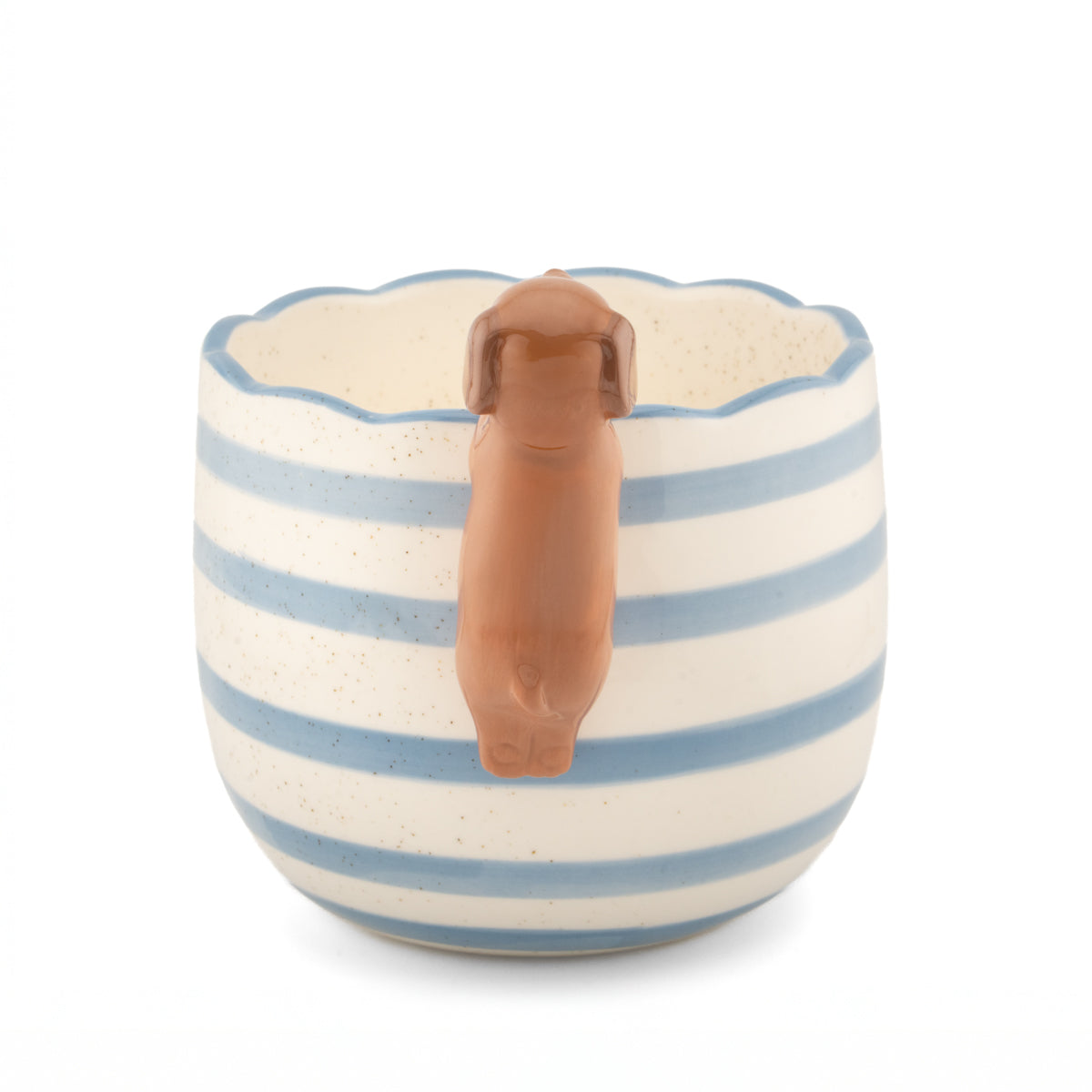 Vaso Bassotto Curioso a righe azzurre, vista frontale con il muso del bassotto sul manico.