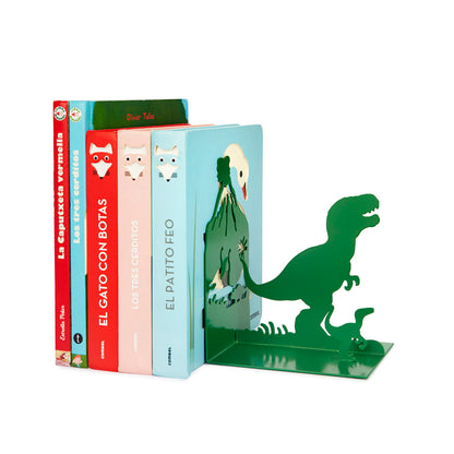 Green dinosaur-shaped bookend with a small baby dinosaur, on white