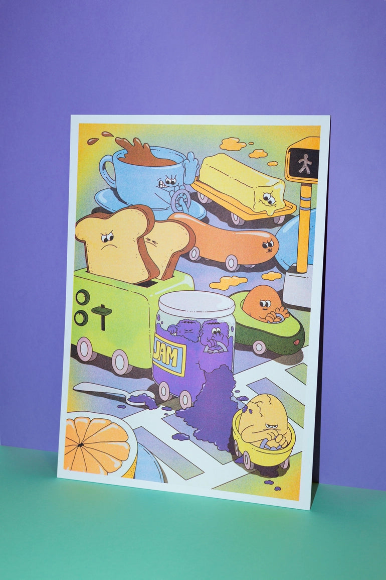 Traffic Jam poster leaning at an angle on teal and lilac, animated toast and sausages on the road