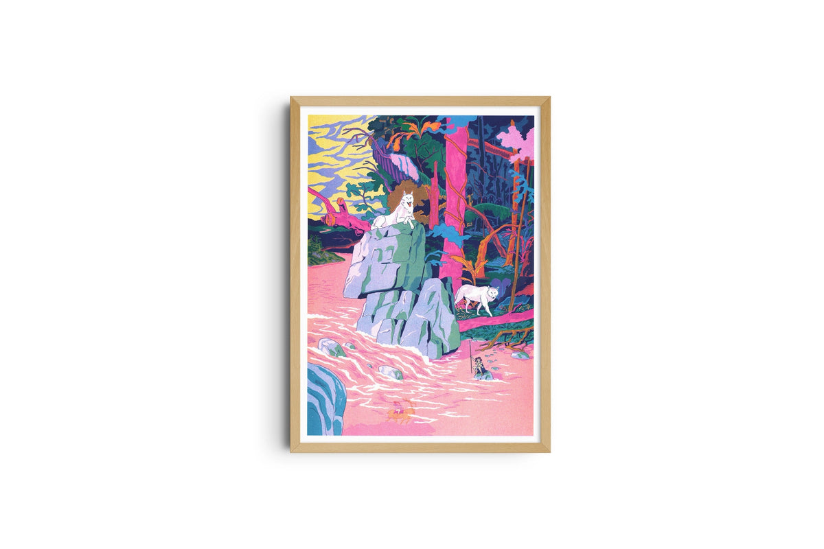 Framed poster of a girl on a rock with a white wolf by a pink river