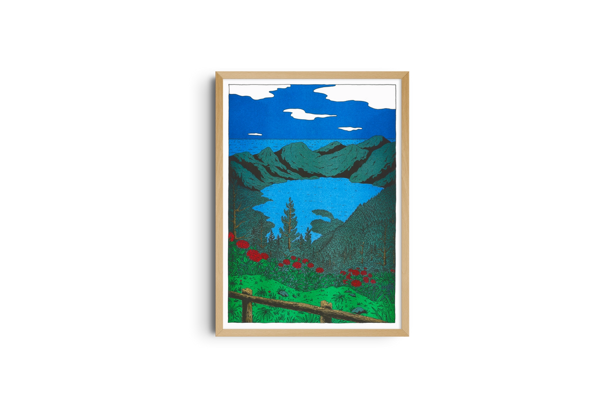 Nowhere in Portugal poster framed in light wood, a landscape of mountains and a lake