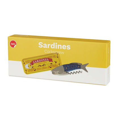 Sardines corkscrew packaging shaped like a yellow box, with the fish-shaped corkscrew printed on it.