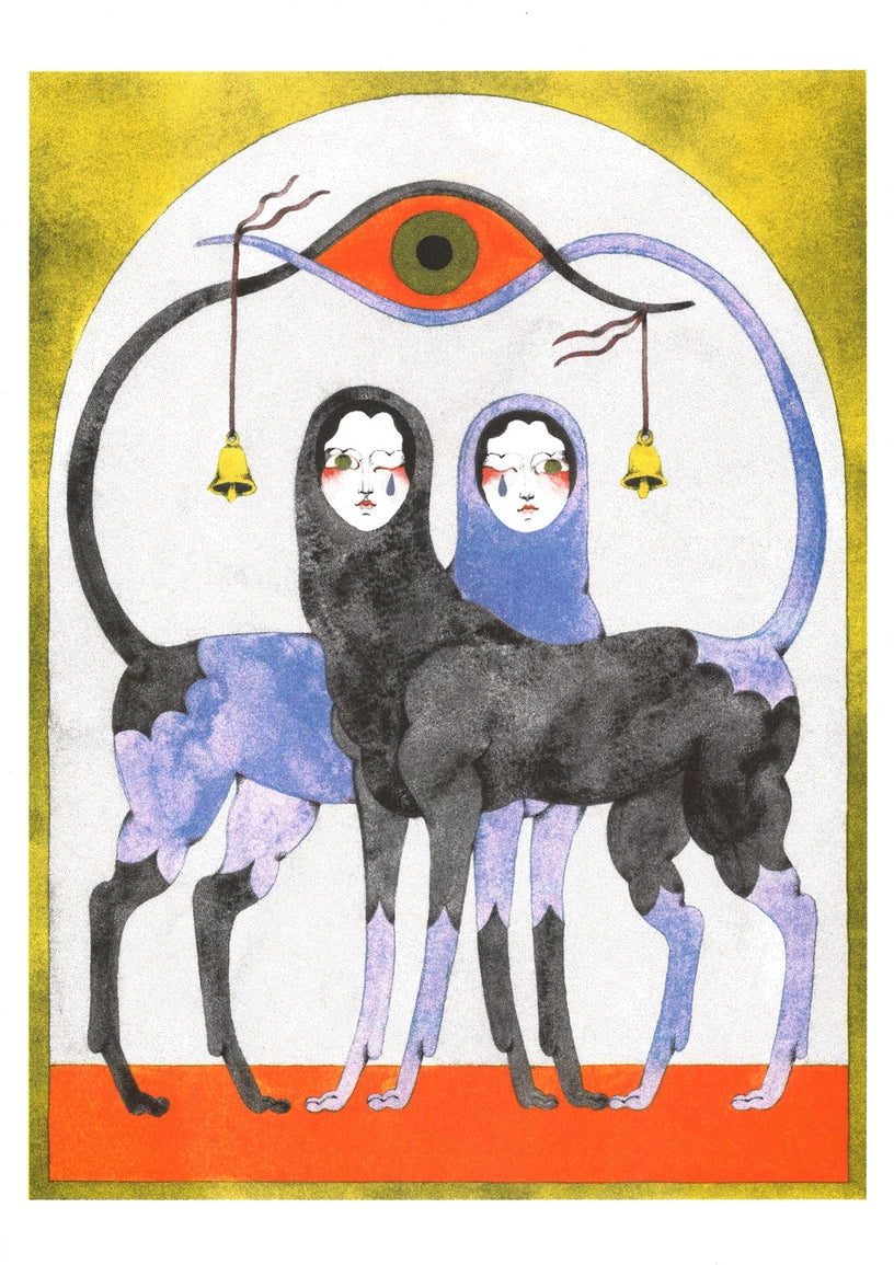 Same poster without the frame, on a yellow background with the two dark figures