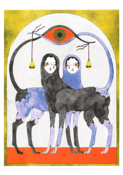 Same poster without the frame, on a yellow background with the two dark figures