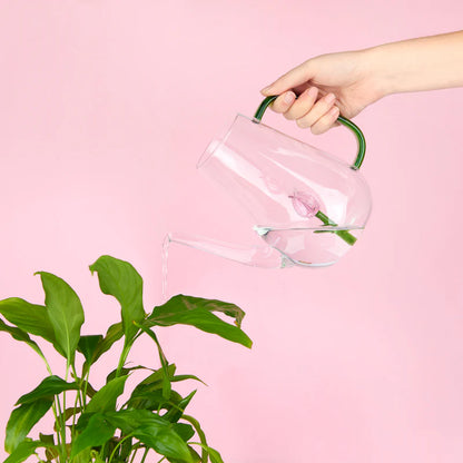 A hand pours water from the tulip watering can onto a plant, pink background