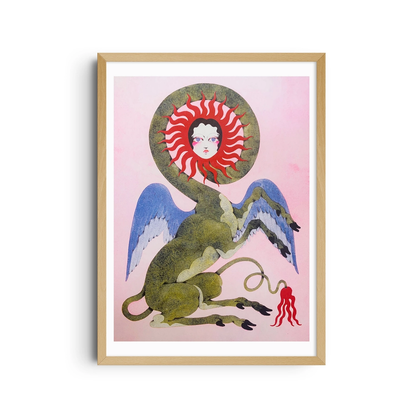 Framed poster of a winged creature with a face surrounded by red rays