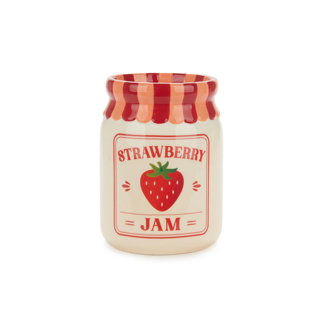 Jam vase, strawberry version with no flowers, on a white background