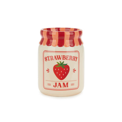 Jam vase, strawberry version with no flowers, on a white background