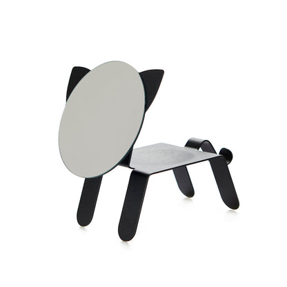 Black table mirror shaped like a seated cat, with a round head
