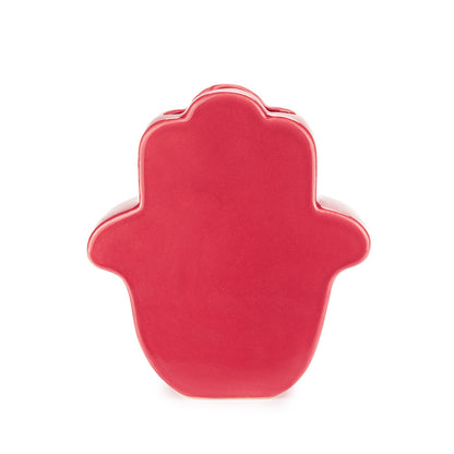 Red Lucky Hand vase seen from the back, plain colour