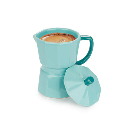 Mint green Moka mug on a white background with the lid resting beside it