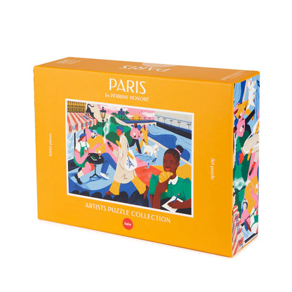 Paris Puzzle: an orange box illustrated with a Parisian street scene.