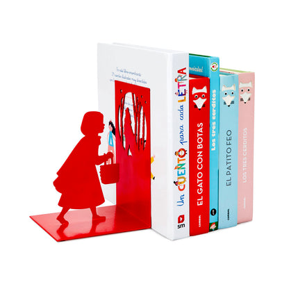 Little Red Bookend: the silhouette holding up children's books, illustration on the side.