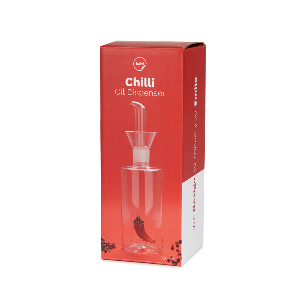 Oliera Chilli: la confezione rossa con la scritta Chilli Oil Dispenser e la foto della bottiglia.