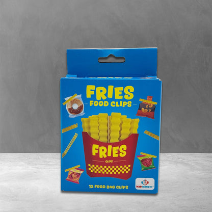 Fries food clips blue packaging containing twelve fry-shaped bag clips.