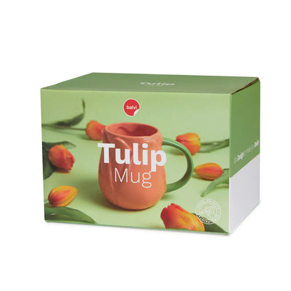 Orange Tulip mug in its box with orange tulips