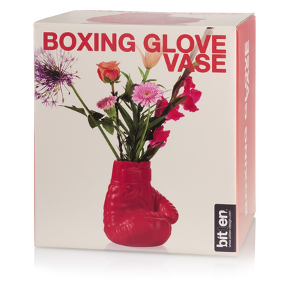 Boxing Glove vase in its box, showing a photo of the glove filled with flowers.