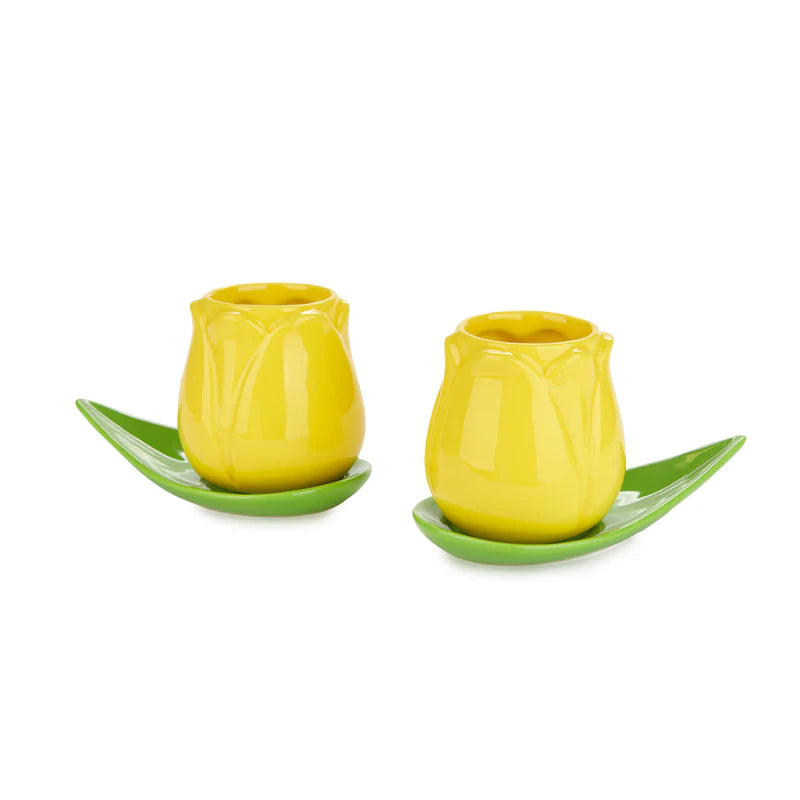 Set Tazzine da Caffè Tulipano: le due tazzine gialle su piattino a foglia verde.