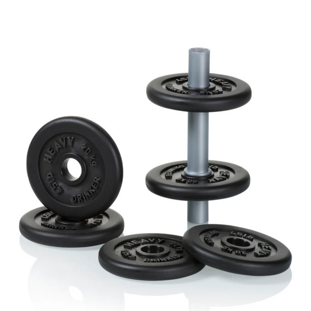 Dumbbell coasters, stacked plates and bar resting on the black coasters.