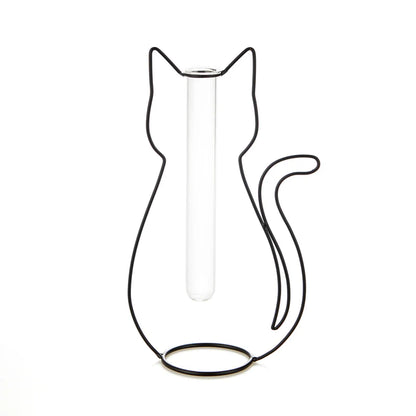 Cat Silhouette vase, a black wire outline with an empty glass tube, on a white background