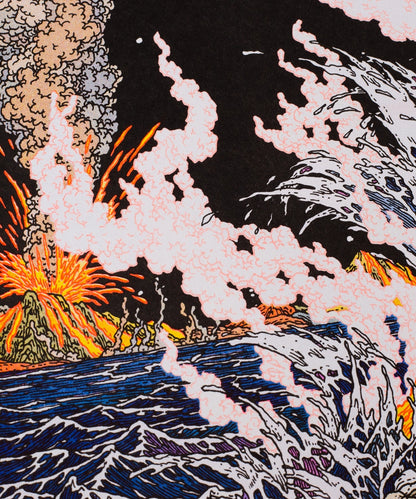 Onde Immaginarie poster, close-up on a volcanic eruption with white smoke over the sea