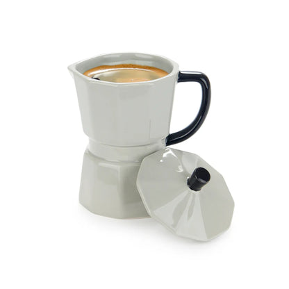Grey Moka Mug full of coffee, lid resting beside it