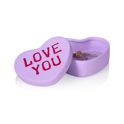 Love You heart box in lilac, open on a white background, with a necklace inside.
