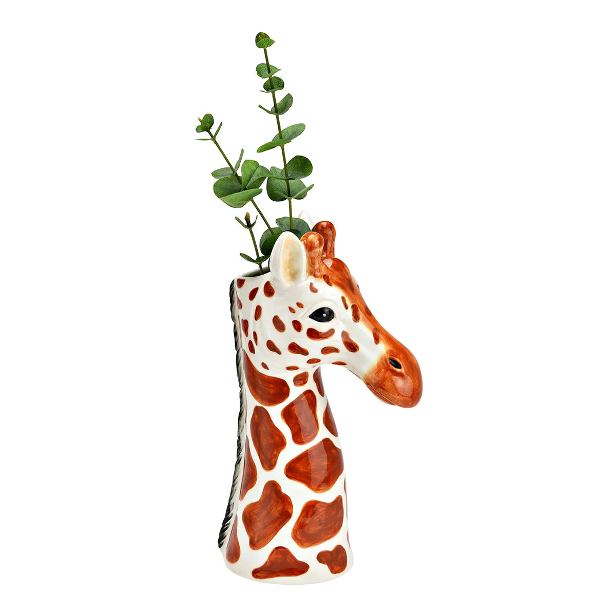 Il Vaso Giraffa con rametti di eucalipto verde che spuntano dalla testa.