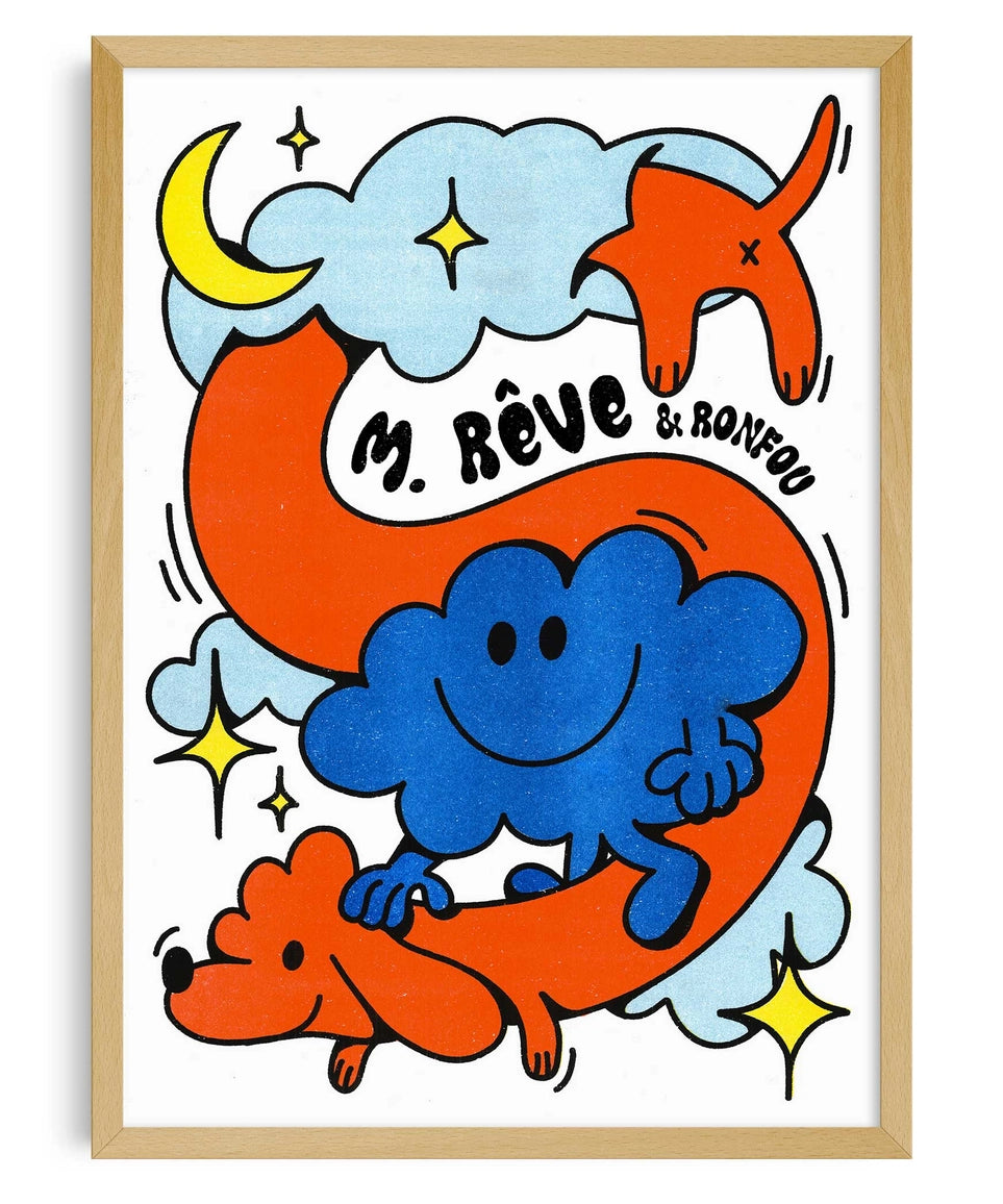 Mr. Daydream poster framed, full illustration with a moon, clouds and an orange dog.