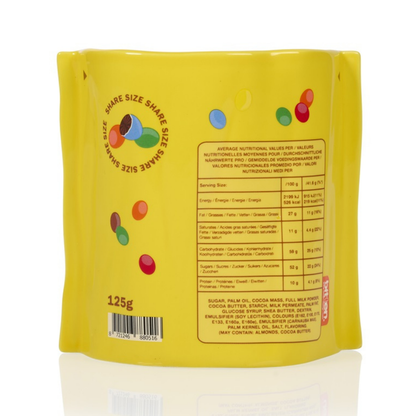 Choco Bites vase in yellow seen from the back, printed with a nutrition table and a barcode.