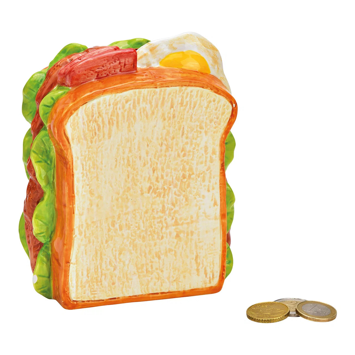 Salvadanaio Sandwich: a ceramic money box shaped like a sandwich with lettuce, bacon and egg, with a few coins beside it.