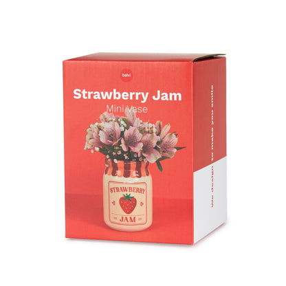 Jam vase, strawberry version, red box reading «Strawberry Jam Mini Vase»