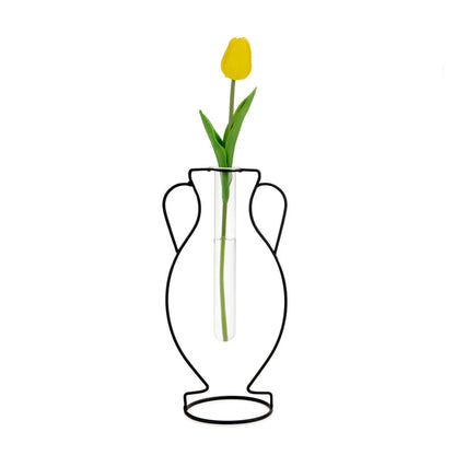Wire vase shaped like an amphora, with a yellow tulip in the glass tube