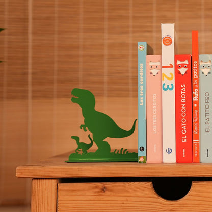 Jurassic Bookend: the green dinosaur with its baby holding up the children's books.