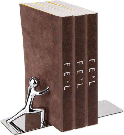 Push! bookend pushing three matching brown books lined up on a shelf
