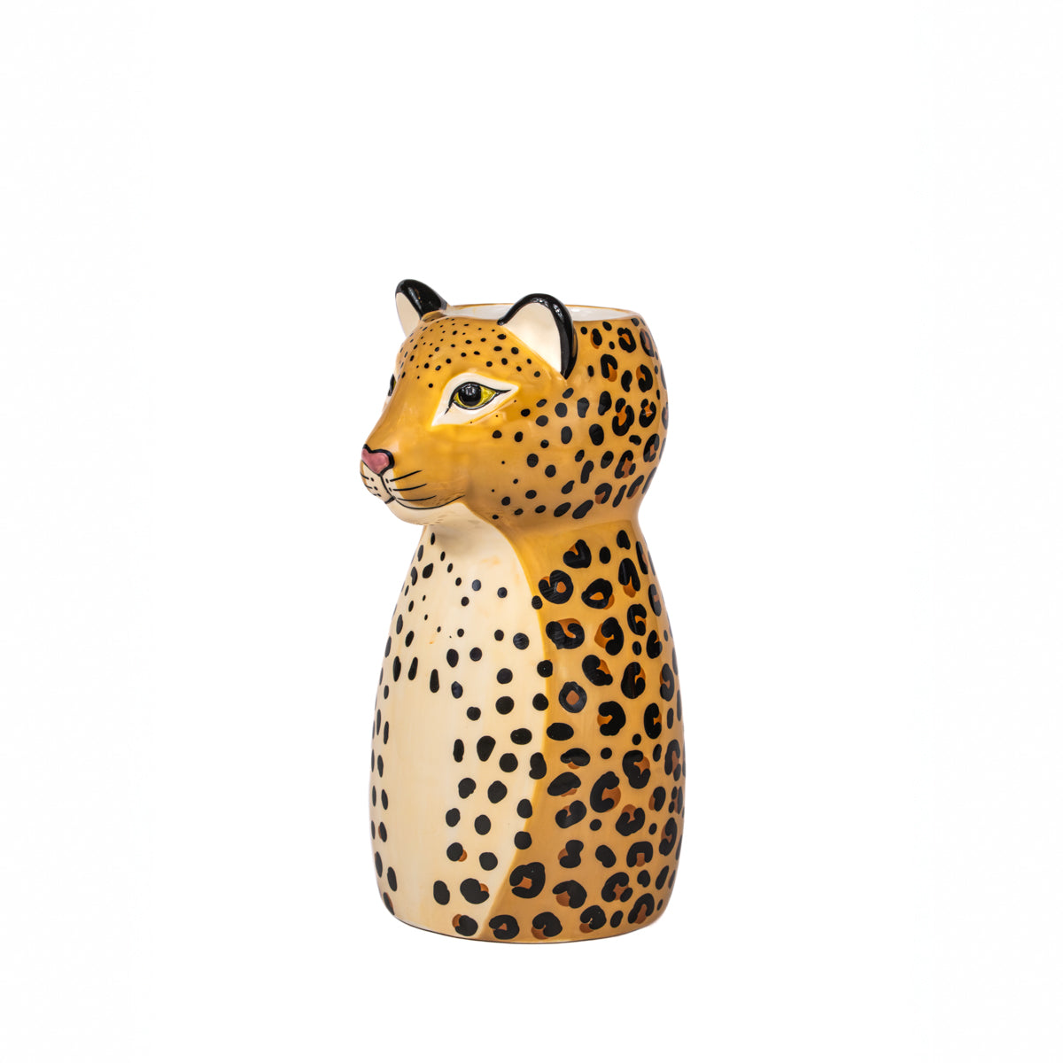 Vaso Leopardo: a leopard head-and-bust vase in yellow ceramic with black spots, empty against a white background.