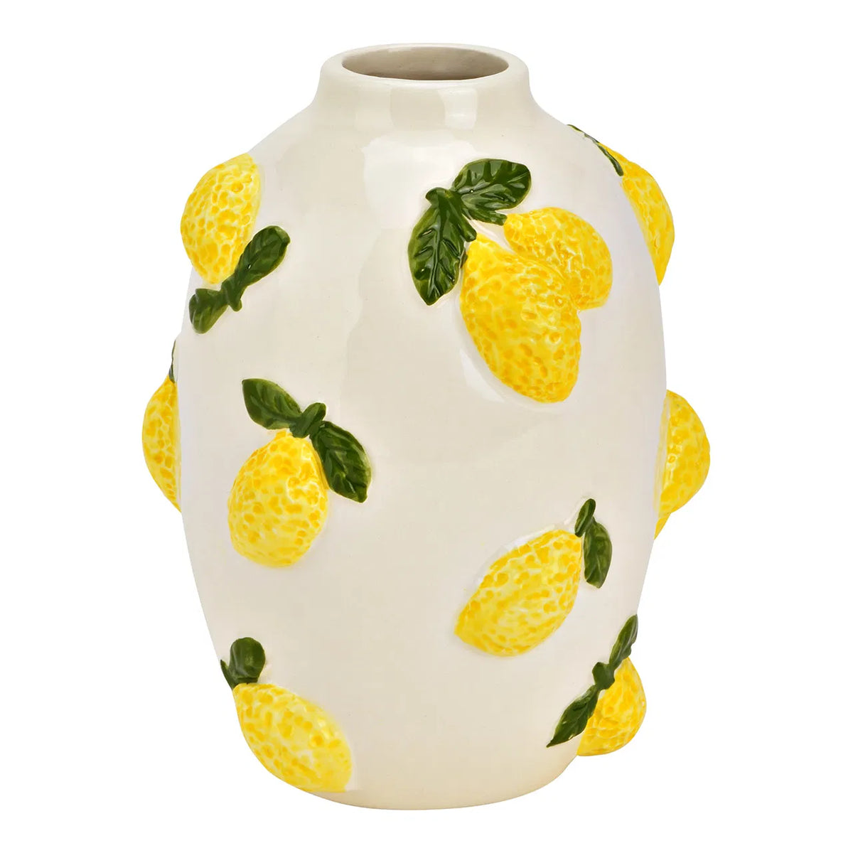 Vaso Limoni Mini: a rounded white vase covered in raised yellow lemons, shown empty.