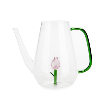 Glass watering can with a green handle and a pink tulip detail on the glass